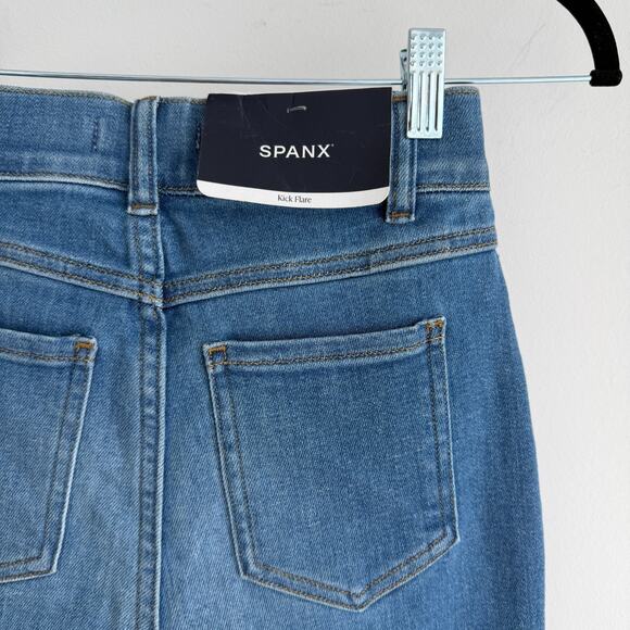 Spanx Jeans Womens XS Tall Blue Kick Flare High Rise Pull On Denim Pants Stretch - Picture 4 of 12